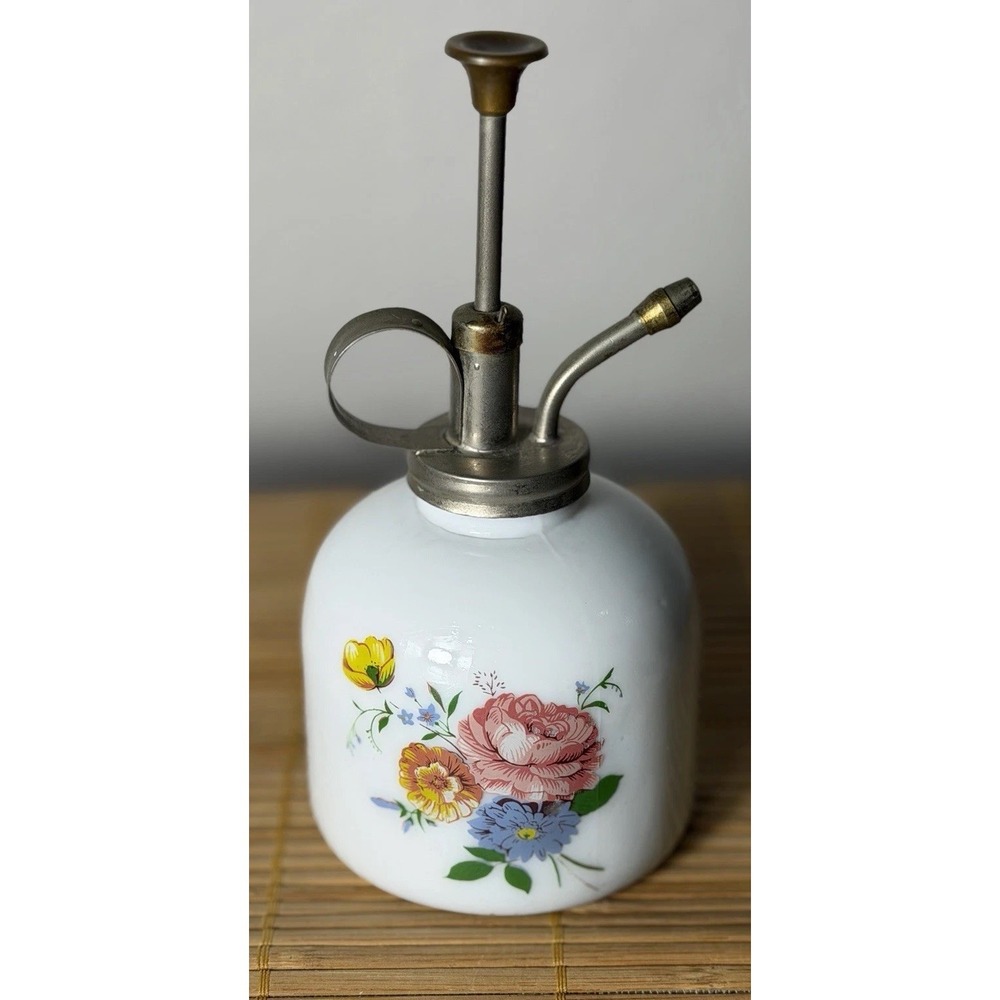 Vintage Milk Glass White Porcelain Flower Sprayer Plant, Mister brass Pump - Picture 3 of 6